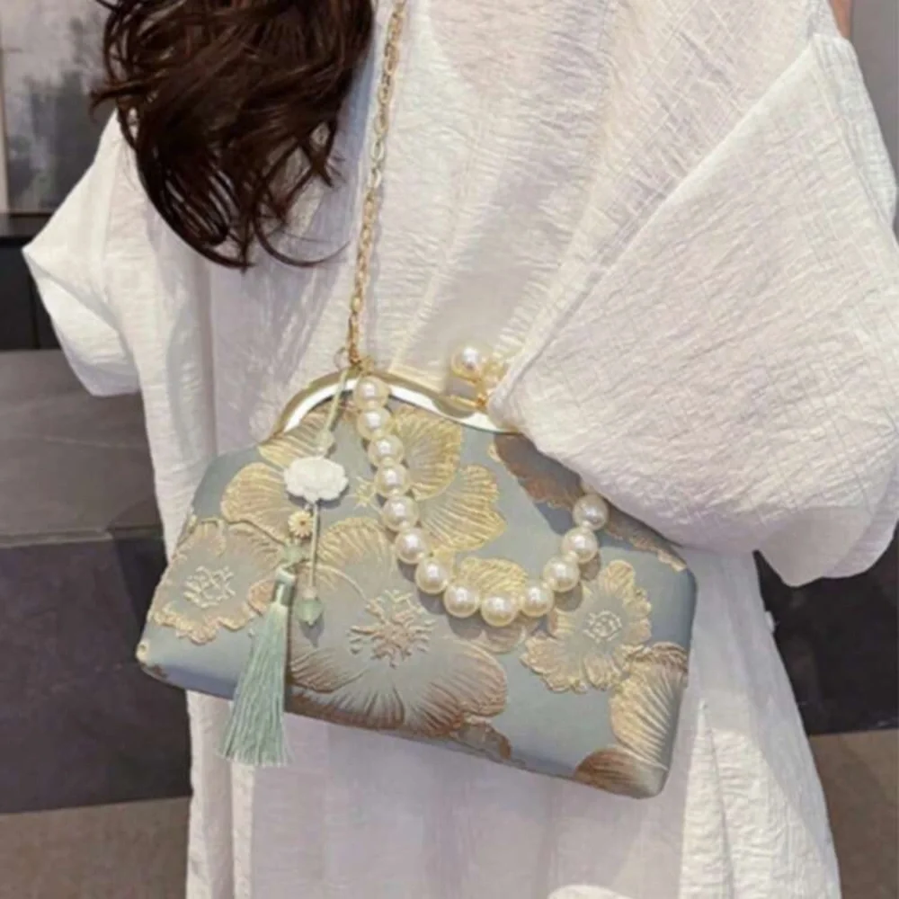 Pearl-Handle Mint Floral Evening Clutch - Unbranded